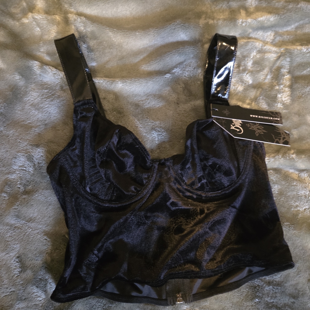 Killstar Black Velvet Longline Bralette with Glossy Straps